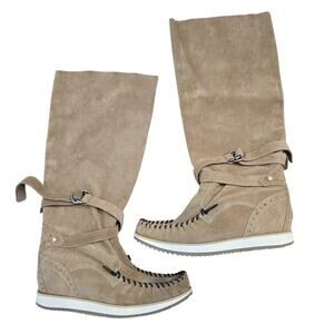 Modern Vice Tan Suede Leather Moccasin Knee High Wedge Boot sz 38 NWOB Boho